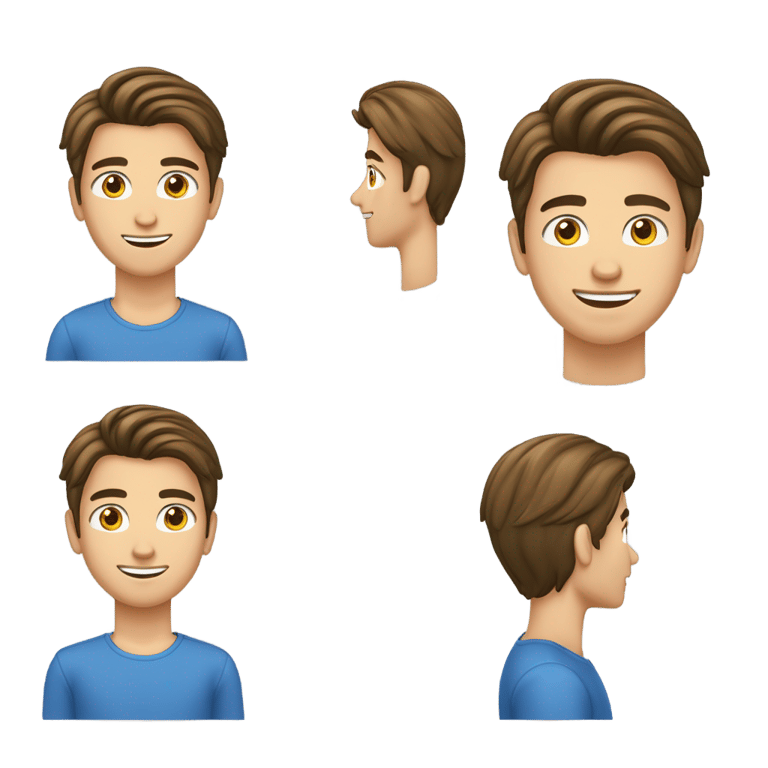 genmoji: Un jeune homme de 15 ans blanc avec cheveux bruns foncés mi long vers l'avant jusqu'au sourcil . Coupe middle part plus longe. Couleur pull bleu . Yeux bruns sourire où l'on voit ces dents. Plan contre-plongé s'arrêtant à la moitié du ventre. ll tourne légèrement sa tête vers la droite