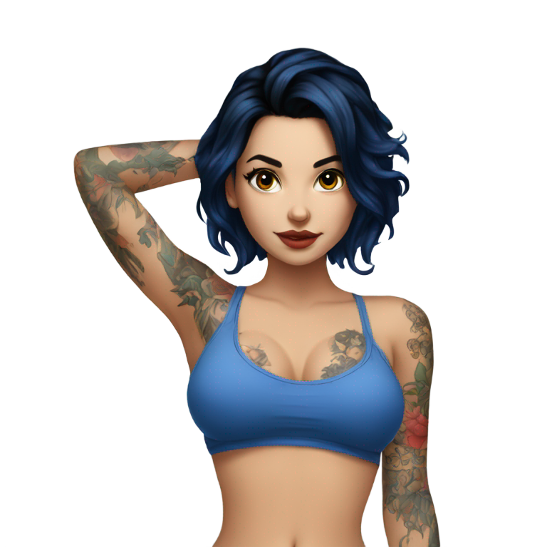 genmoji: white-hot-girl-with-a-blue-top-sensual bra and black hair with a lot of tattoes