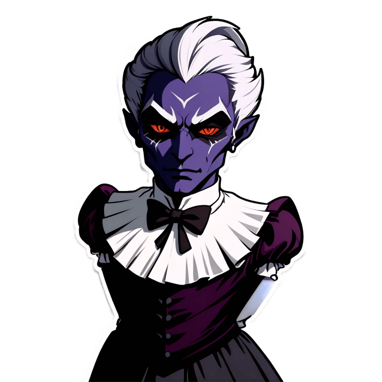 genmoji: effeminate male drow wearing makeup, maid dress. purple skin.