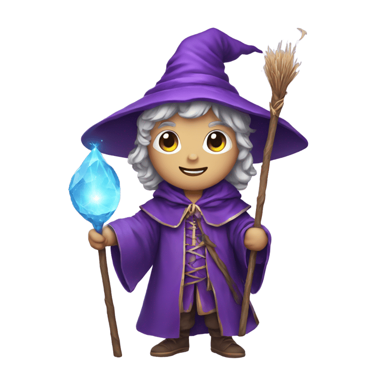 genmoji: a small cute wizard wearing purple with a stick wand