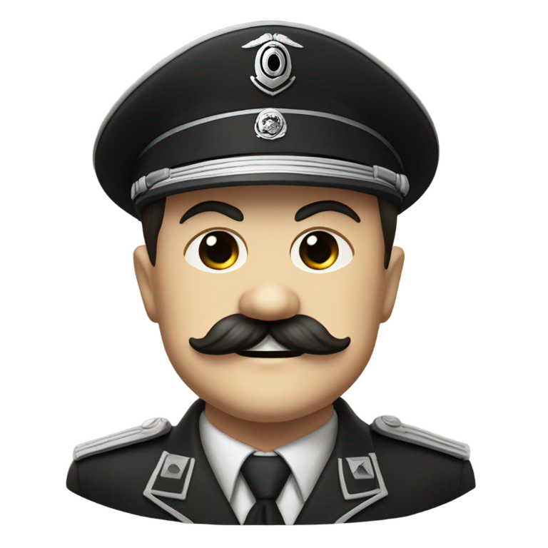 prompt: hitler, in ss uniform, skull head symbol on hat, very short square shaped moustache, mustache under nose only, no mustache besides the nose, smiling creepy