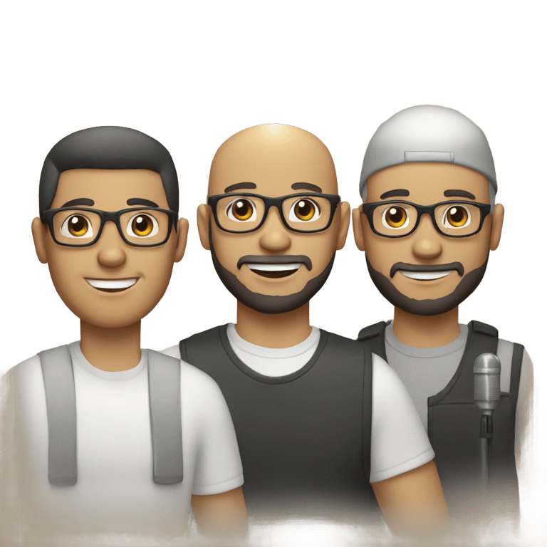 genmoji: Three men light skin tone with a birthday cake. The first man is bald,wears glasses,headphone and radio microphone. The second is a man with a beard, black hair and wearing glasses. And the third is a bald man wearing a cap.