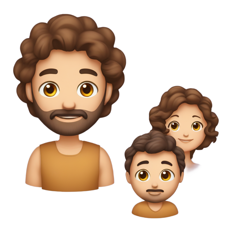 genmoji: une famille de trois avec une maman aux cheveux longs ondulés châtain et aux yeux bruns, un papa aux cheveux courts bruns, yeux bruns et légère barbe brune et un bébé aux cheveux très courts bruns, yeux bleus/gris