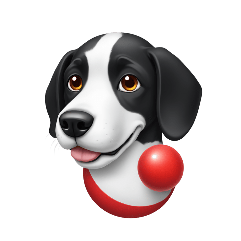 絵文字：Black and white dog with red ball