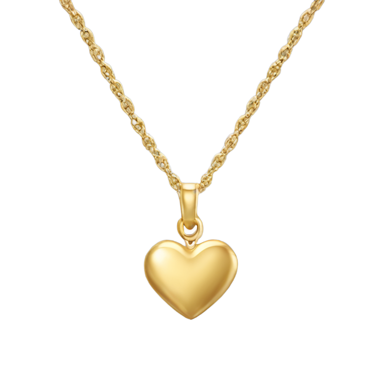 genmoji：A full Gold necklace with a heart-shaped charm in the center, fully visible within the frame. The necklace is positioned in a front-facing view. The charm hangs slightly downward, centered in the composition.