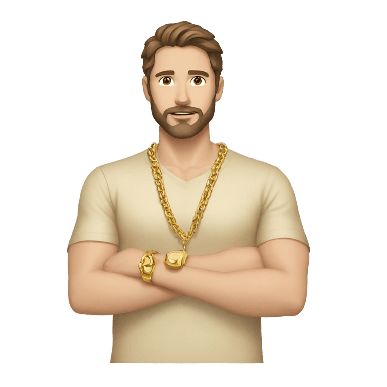 genmoji: Caucasian man, brown hair, brown eyes, gold shirt, gold chains, gold wrist bands, minimal beard