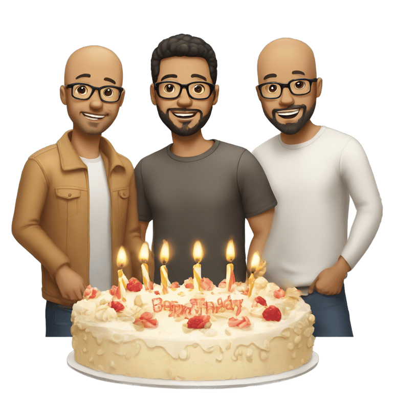 genmoji: Three men light skin tone with a birthday cake. The first man is bald and wears glasses. The second is a man with a beard, black hair and wearing glasses. And the third is a bald man wearing a cap in the head.