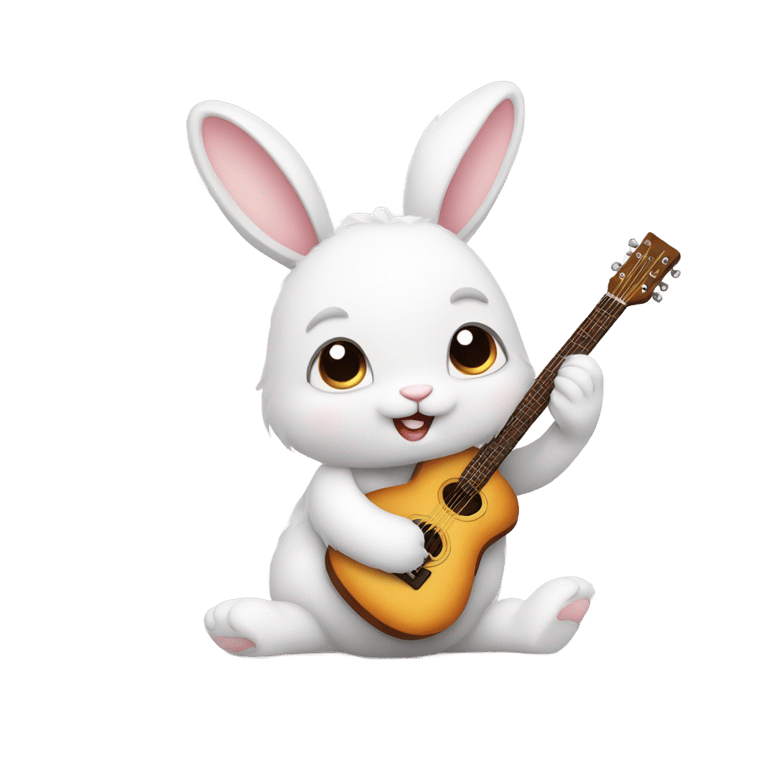 genmoji: Fluffy white bunny, big ears, round cheeks, tiny nose, bright eyes."playing guitar