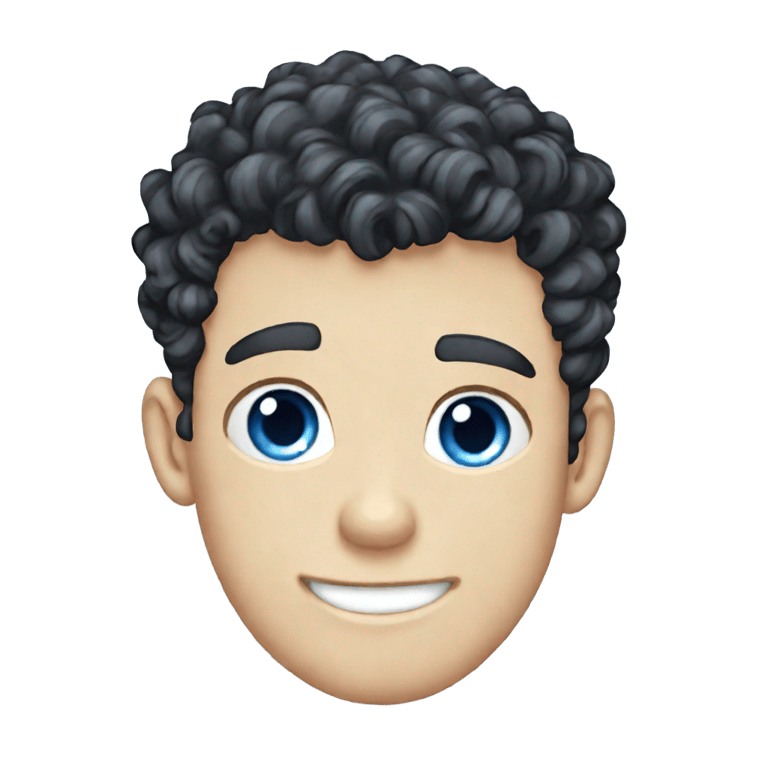 genmoji : Adolescent britannique, peau blanche, yeux bleus, cheveux noirs bouclés et volumineux, grandes oreilles, sourcils broussailleux, cravate rayée bleue, chemise blanche, blazer noir avec un "T" bleu marine sur la poche.