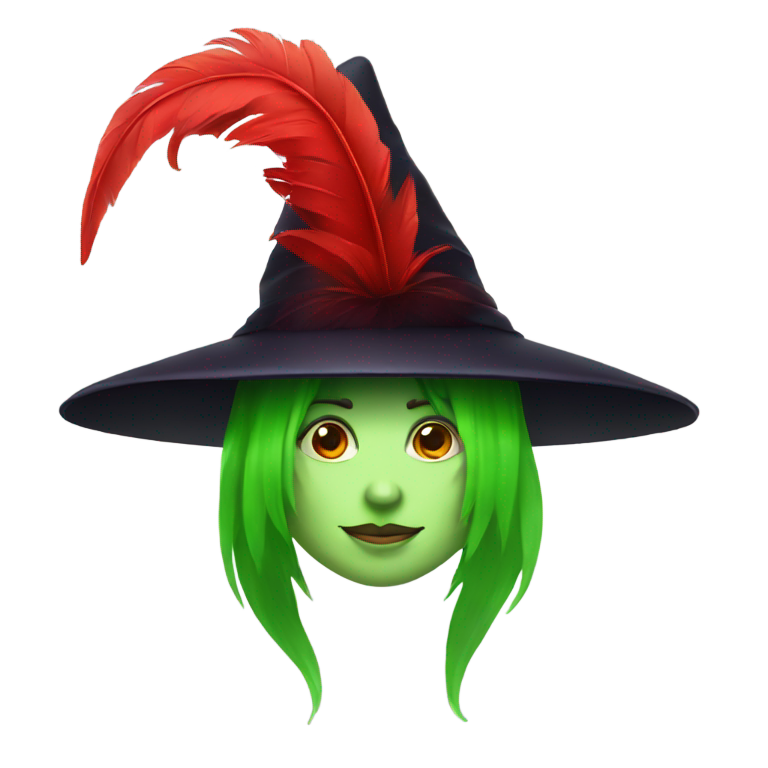 genmoji: witchy green hat with a red feather
