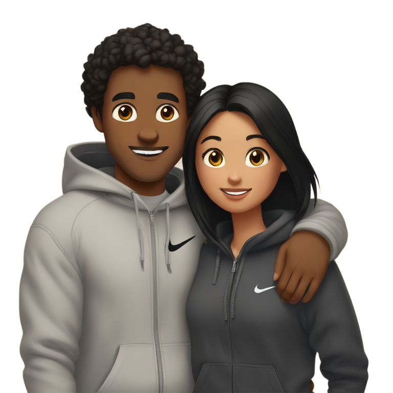 genmoji: cute brown girl with black hair and a brown guy with straight black hair  Nike tech fleece hugging a brown guy
