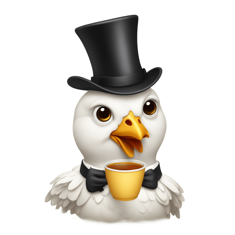 genmoji：full chicken wearing a top hat that has a monocle and is holding a cup of tea