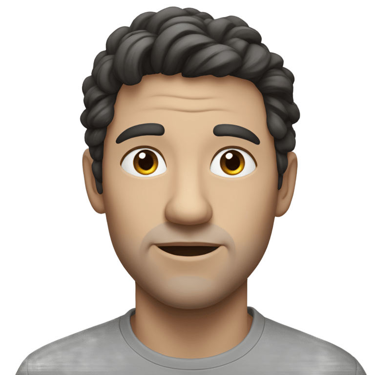 genmoji: a man with dark hair, light gray eyes, a cloud of dialogue flying nearby