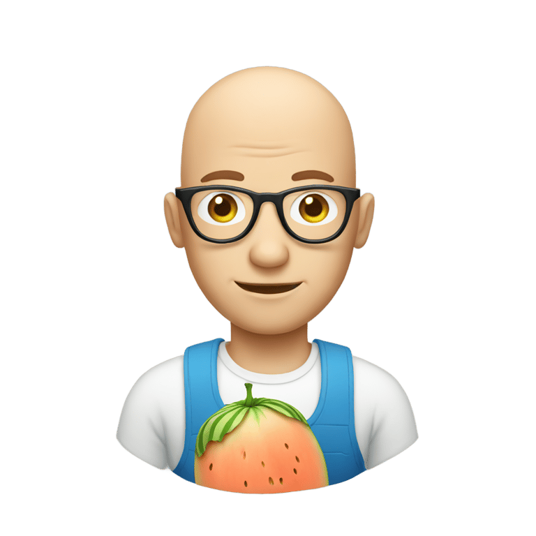 genmoji: Bald man with blue eyes and glasses holding melon