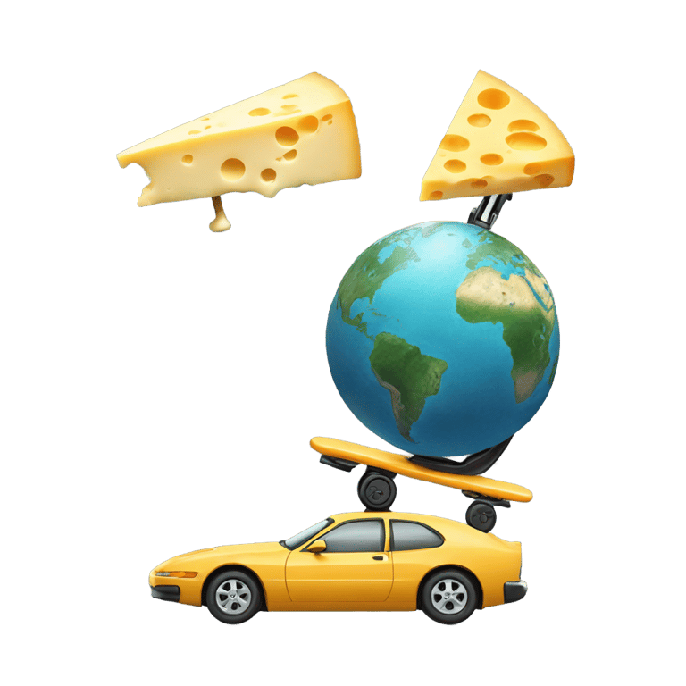 genmoji : Cheese riding a pogo stick riding a car riding a globe (bigger than the car but smaller than the earth) with wheels