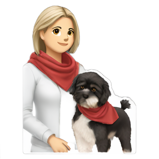 genmoji: crie uma menina de cabelos escuros usando uma toca bege com o seu cachorrinho shitzu preto usando uma bandana vermelha