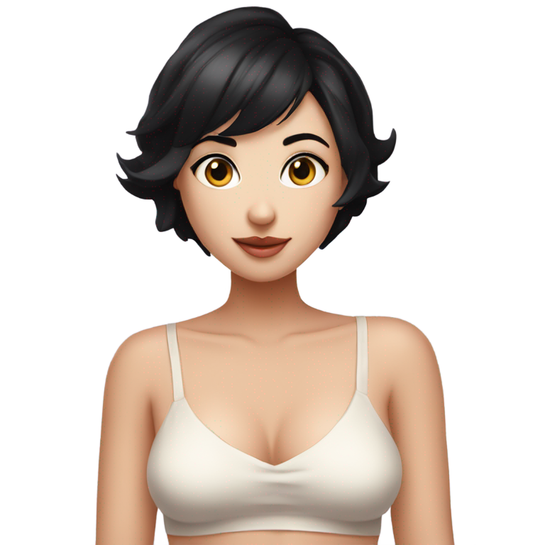 genmoji：黑发短发的可爱女性，裸露白皙肌肤，以性感姿势害羞地看着你。
