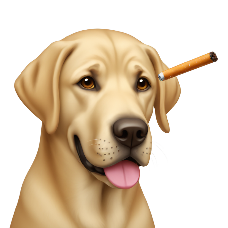 genmoji : Labrador avec une cigarette dans la bouche en train de sourire