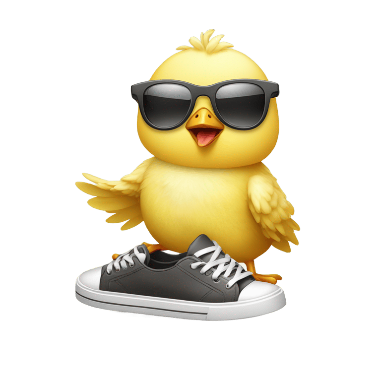 genmoji: A cute little chicks wearing sunglasses, holding a mobile phone, standing on a shoe, listening to music, eating ice cream, skateboarding."