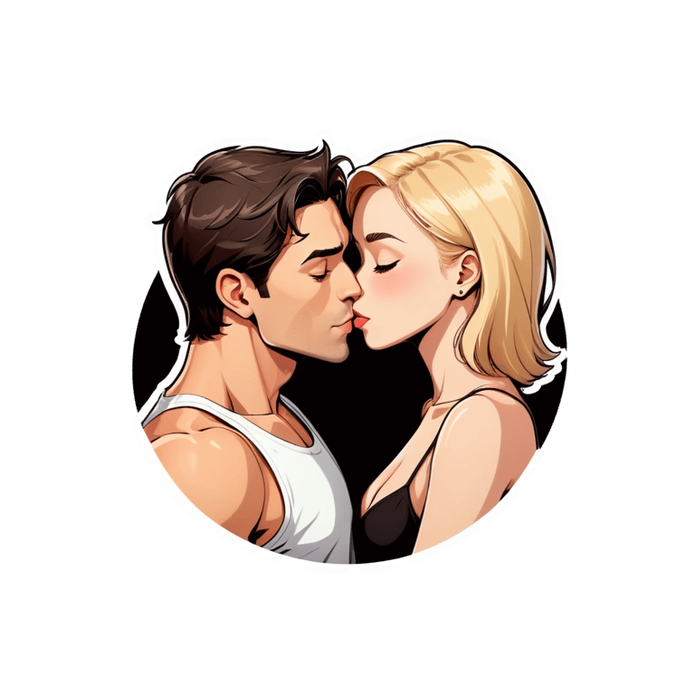 genmoji: Dark hair man kissing girl with blonde hair chest
