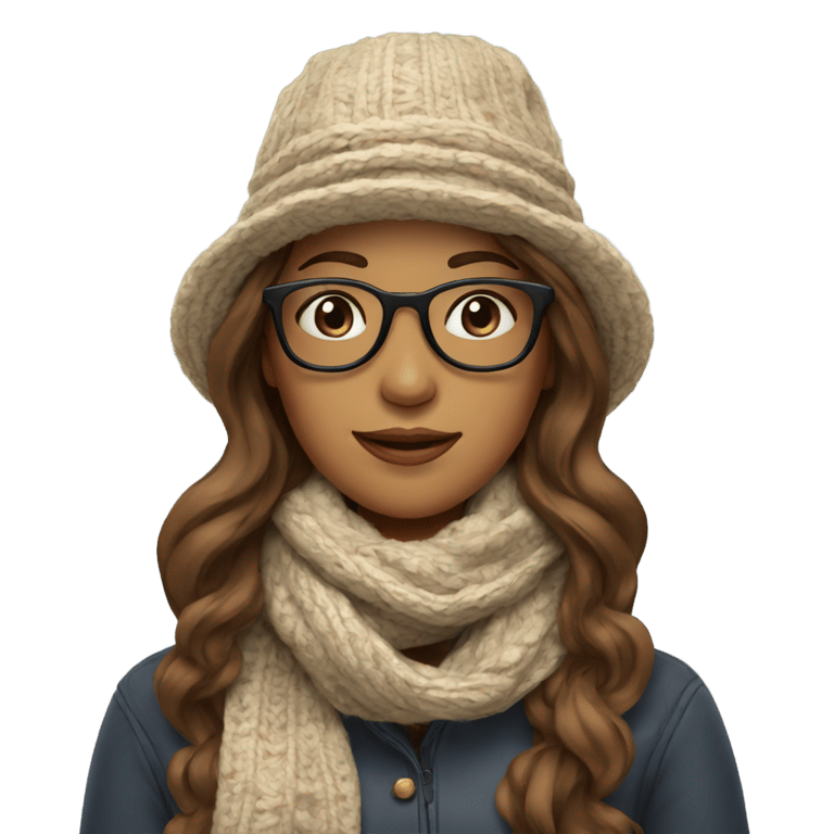 genmoji: Woman with a scarf and hat, brown wavy long hair, and glasses