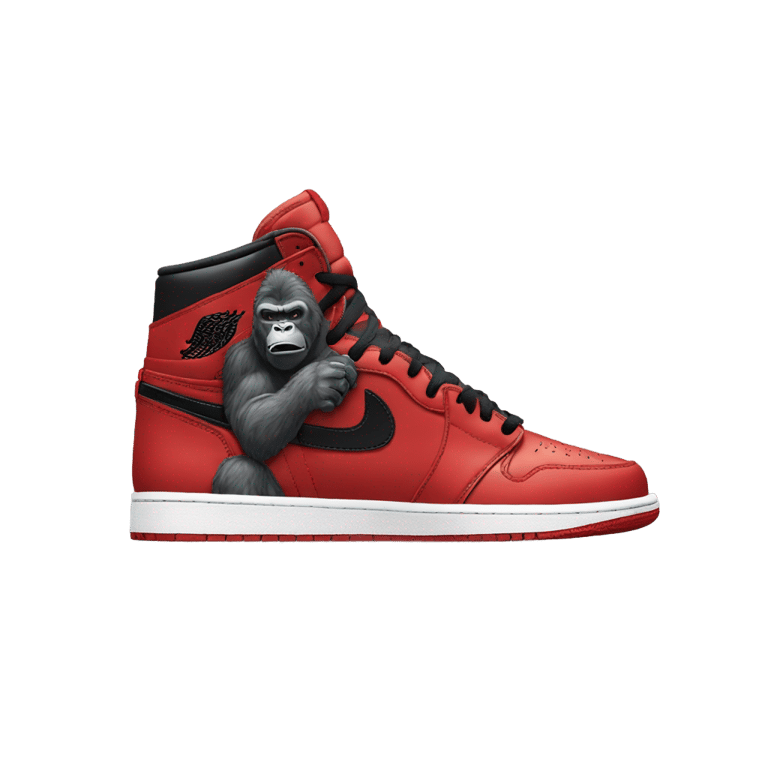 genmoji: King Kong wearing “Jordan 1 Retro High OG, red, black, and white” shoes on his feet