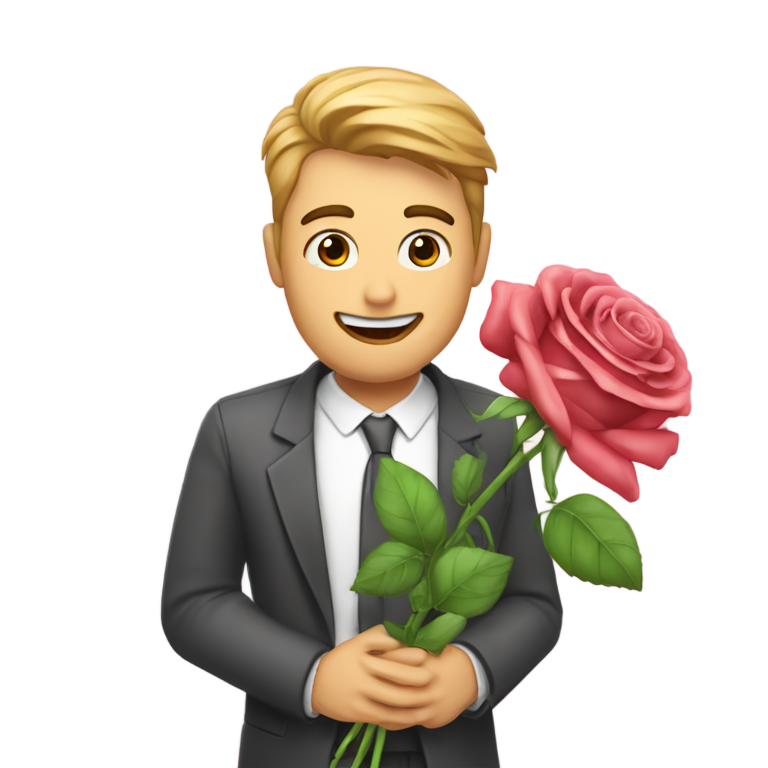 genmoji: Un homme qui tient un cœur Dzns les main et une bouquet de rose