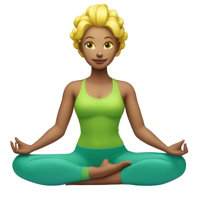 genmoji: A yogini with an apple green yoga bodysuit, yellow hair and matte skin, in lotus position, generating blue energy ball with her hands upon her her head.