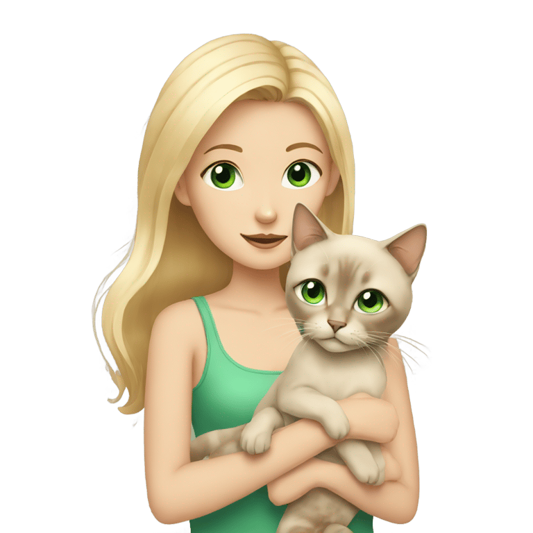 genmoji: blonde girl with green eyes holding a siamese cat