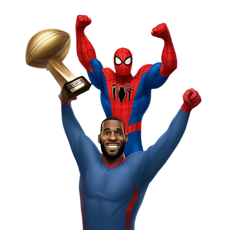 genmoji: Spider man mixed with LeBron James and Superman holding up the Super Bowl trophy