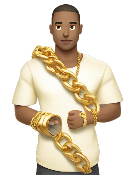 genmoji：caucasian mail with a gold shirt on, multiple gold chains, gold wrist bands