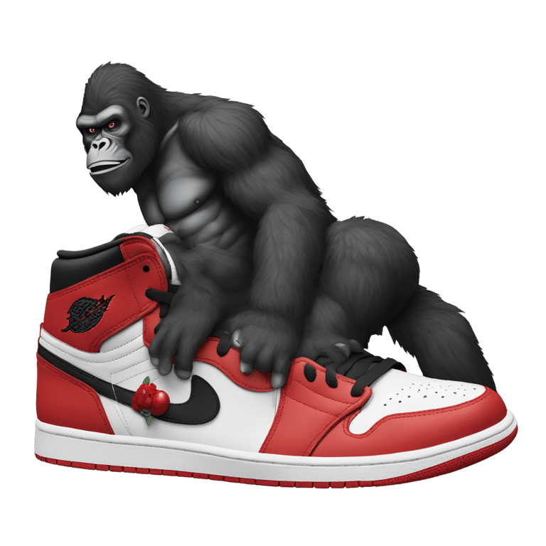 genmoji: King Kong wearing “Jordan 1 Retro High OG red, black, and white” shoes