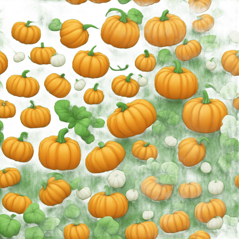 genmoji: An orange pumpkin, a white pumpkin and a green pumpkin. Planted in the garden.