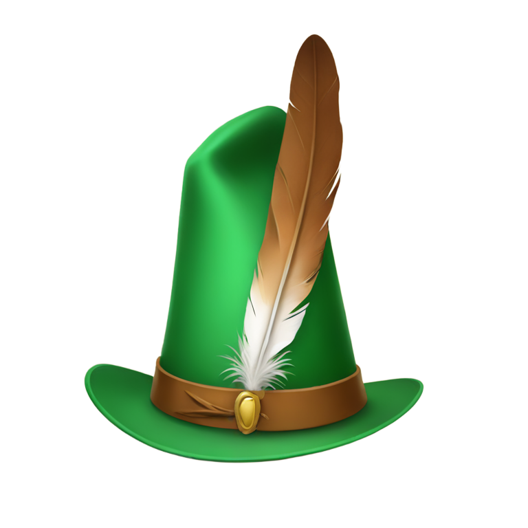 genmoji: pointed green hat with a brown and white feather