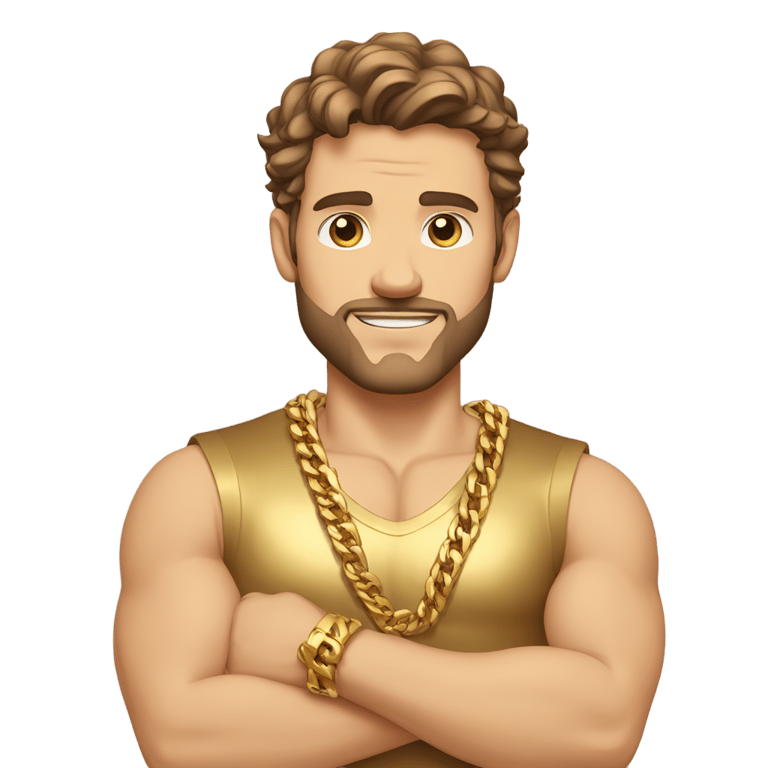 genmoji: strong white man, brown hair, arms crossed, gold shirt, multiple gold chains, gold wrist bands, stubble with no mustache