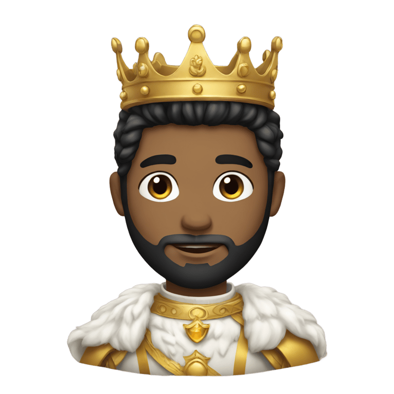 genmoji: young king with black beard and white skin wearing a king crown and costume with gold