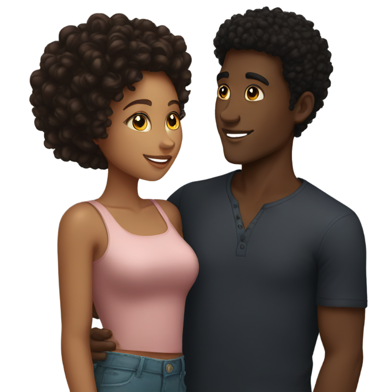 genmoji: A tall black hair, black boy kissing a pretty  mixed brown curly-haired girl
