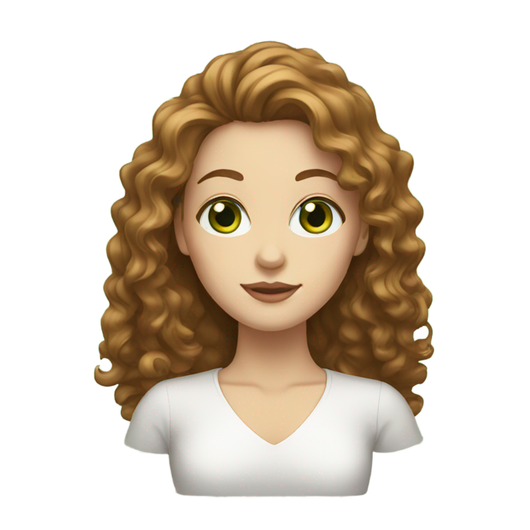 genmoji : Femme blanche aux yeux verts et aux longs cheveux bouclés bruns