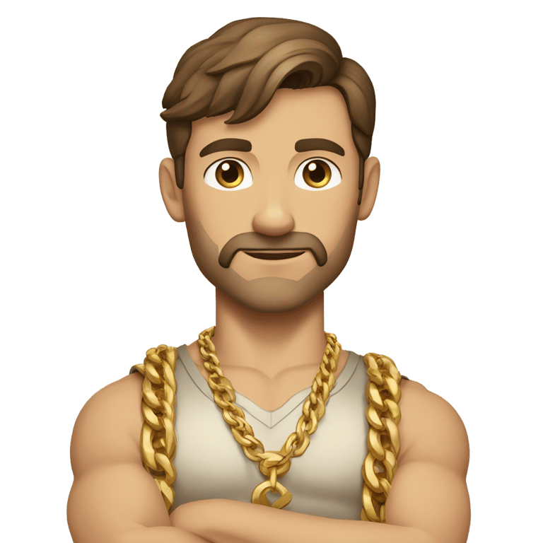 genmoji: brown haired strong Caucasian male, No beard, a gold shirt, multiple gold chains, gold wrist bands, arms crossed