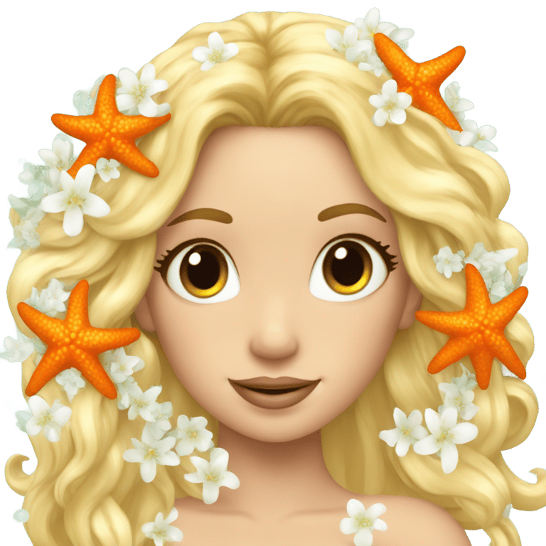 絵文字：A blonde mermaid wearing an orange starfish in her hair, she also wears a necklace made of white flowers.