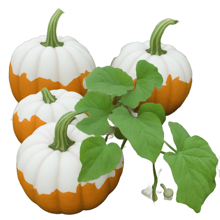 genmoji: An orange pumpkin, a white pumpkin and a green pumpkin. Planted in the garden.