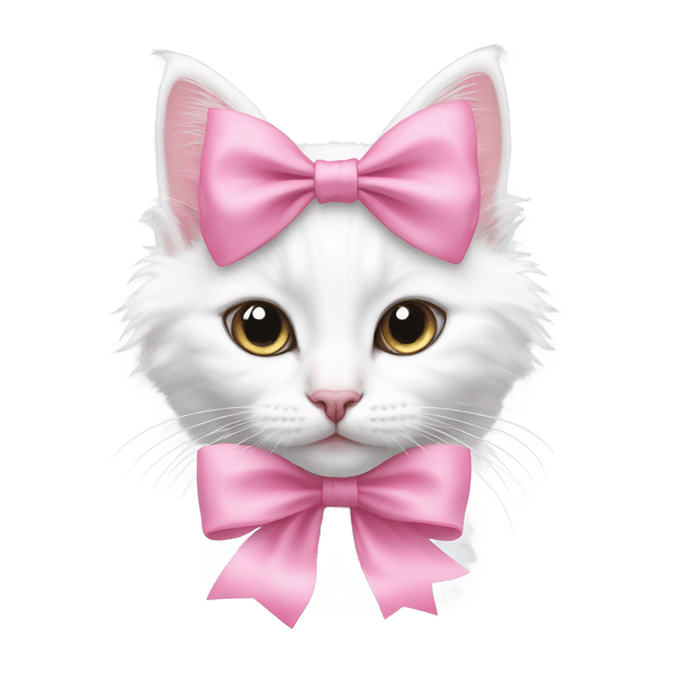 genmoji: A white Turkish Angora kitten with a pink bow on its head and neck