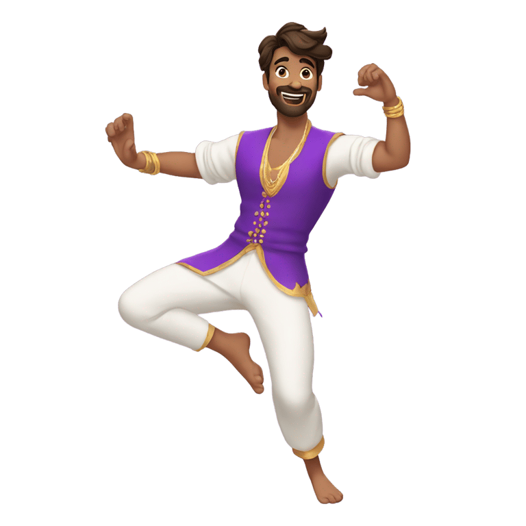 genmoji: guy in an aladdin vest over a white sweater and purple pants dancing to bhangra