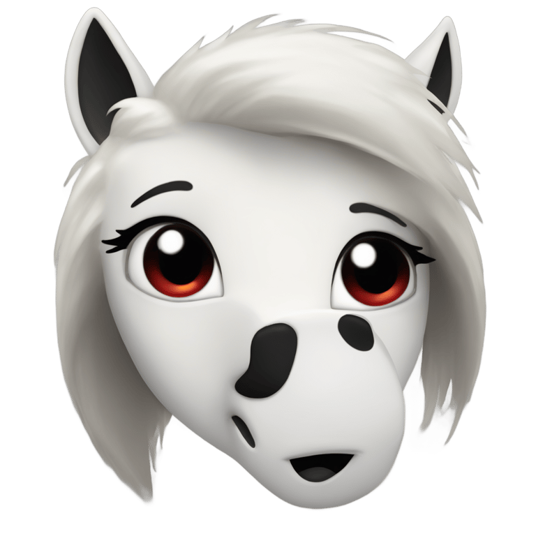 genmoji: a side profile of a white head, big black lips, a pointy nose with a black dot at the bottom of it, one round white eye with a black circle at the bottom of the eye. the person should have a pony tail that is black but becomes white by the end. it lso has a massive, red circle as it's cheek. it is only a head