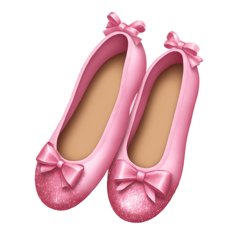 genmoji: Light pink ballet shoes with a dark pink top decorated with glitter and a pink bow with a pink flower in the middle of the bow