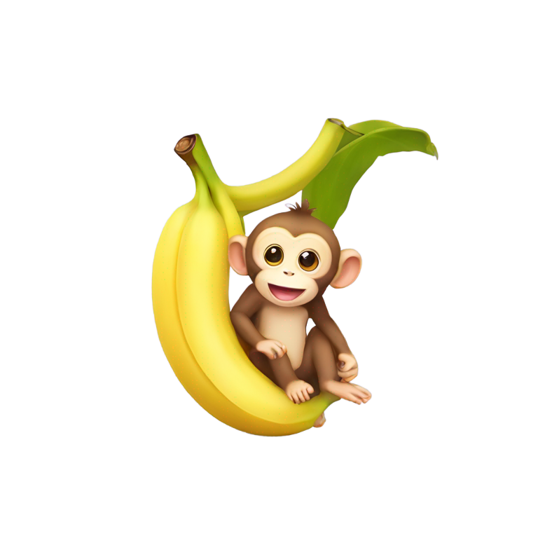 genmoji: Cute yellow baby monkey sitting in peeled banana, 3D cartoon.**