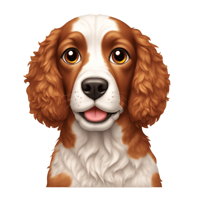 genmoji: Britney spaniel with some freckles on face and big red spots on white fur, red ears