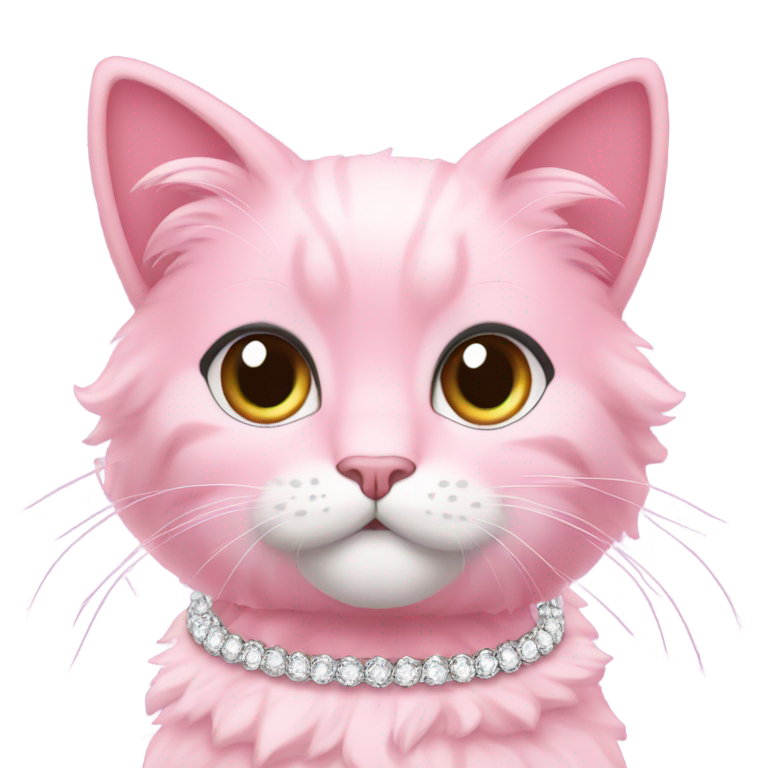 genmoji : Cute pink cat emoji in Ariana Grande 7 Rings look: diamond collar, sassy eyes, fluffy fur, pink background