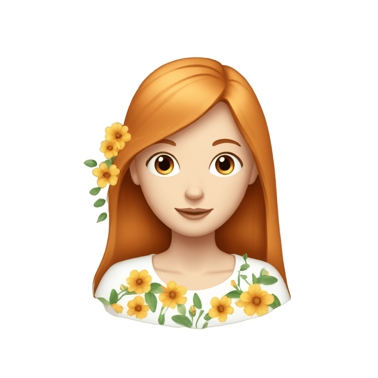 genmoji: a ginger and white girl with a perfect and straight hair with flowers