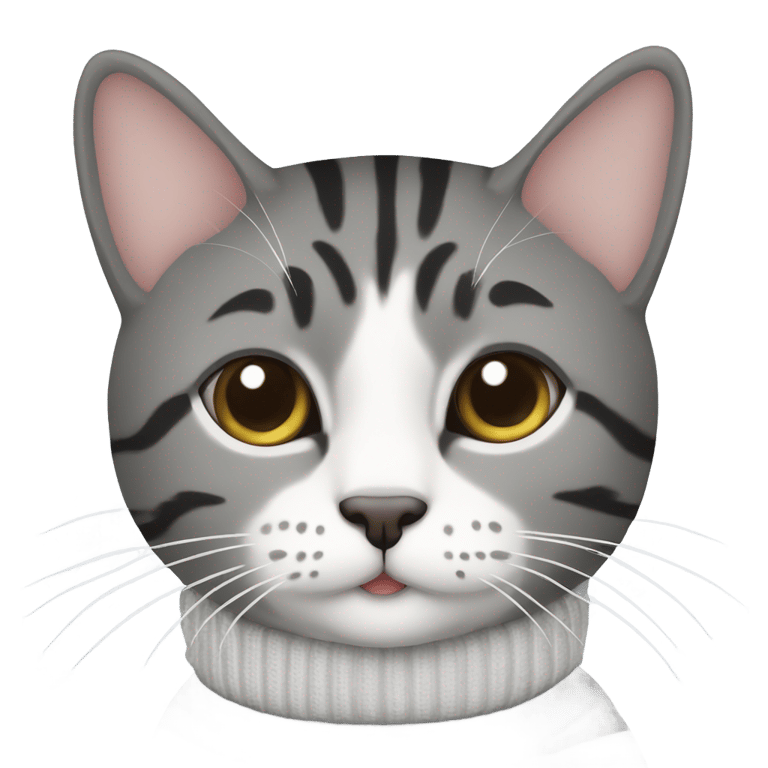 genmoji: black and gray tabby cat with a white sweater and mittens